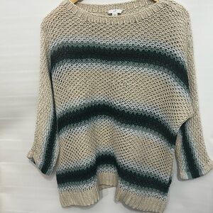 J. Jill Cream Open-Knit Sweater with Green and Gray Stripes
